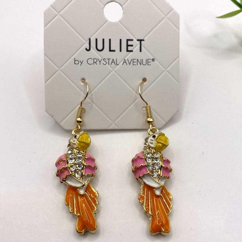 Crystal Avenue Rhinestone Parrot Dangle Earrings Pink Orange Yellow Bird NWT